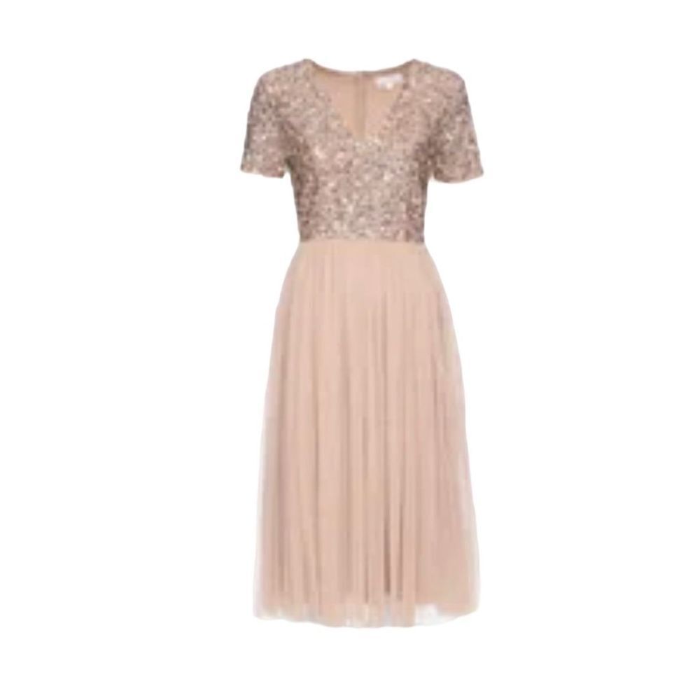 Maya Deluxe V-Neck Embellished Tulle Midi Dress Women’s Taupe Blush Size 6